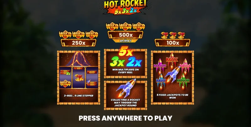 Hot Rocket 5x 3x 2x - menu utama dengan kekili dan butang putar
